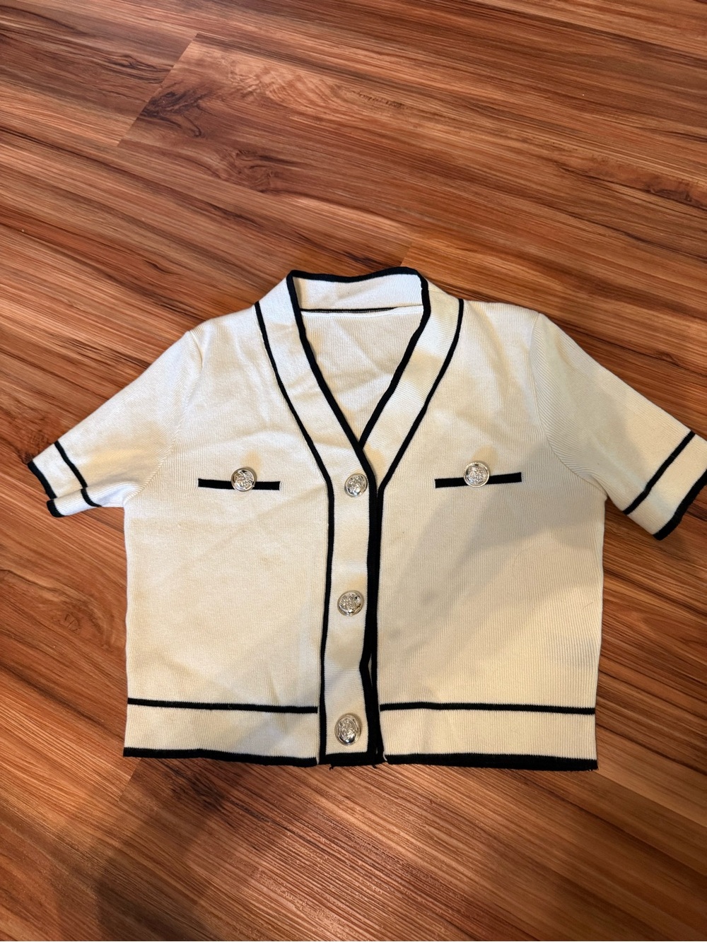 Cream Short-Sleeve Cardigan with Black Trim - Kids Shirt